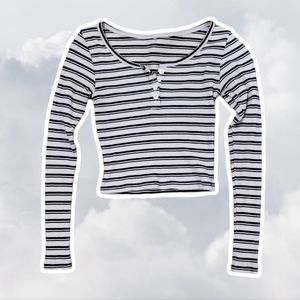 White Black Stripe Slightly Cropped Long Sleeve Quarter Button Shirt
